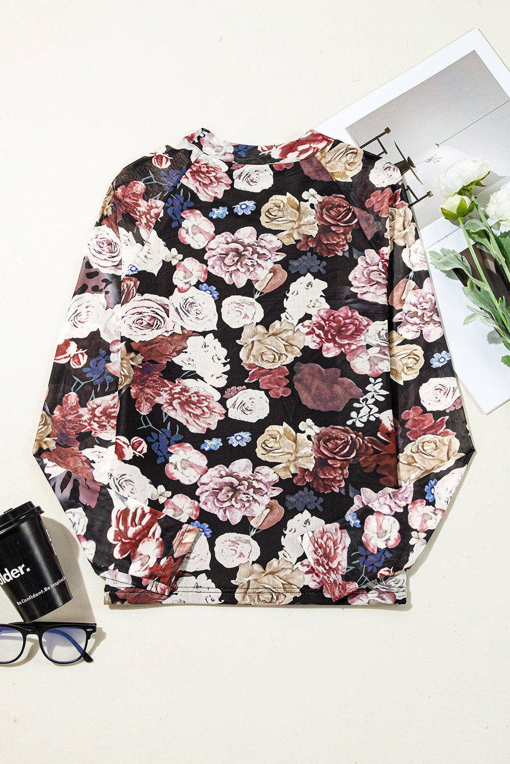 Floral Mock Neck Long Sleeve Mesh Top-TOPS / DRESSES-[Adult]-[Female]-2022 Online Blue Zone Planet