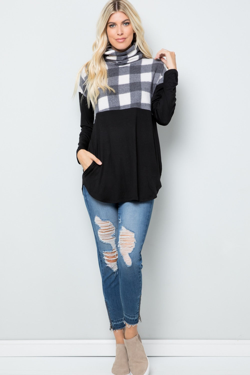 Blue Zone Planet | Celeste Full Szie Pocketed Plaid Turtleneck Long Sleeve Blouse-TOPS / DRESSES-[Adult]-[Female]-2022 Online Blue Zone Planet