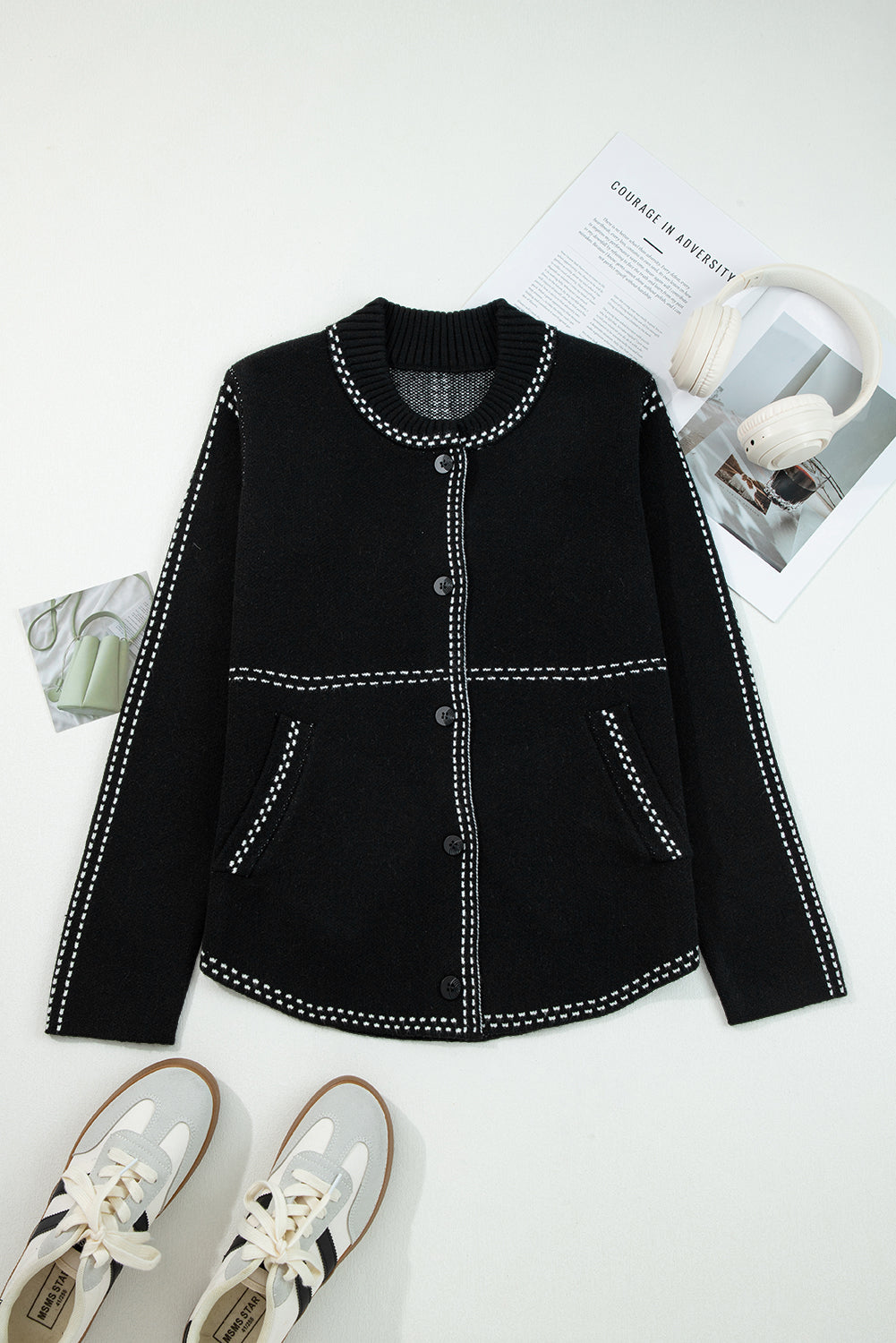 Black Contrast Trim Button up Sweater Cardigan-Sweaters & Cardigans/Cardigans-[Adult]-[Female]-2022 Online Blue Zone Planet