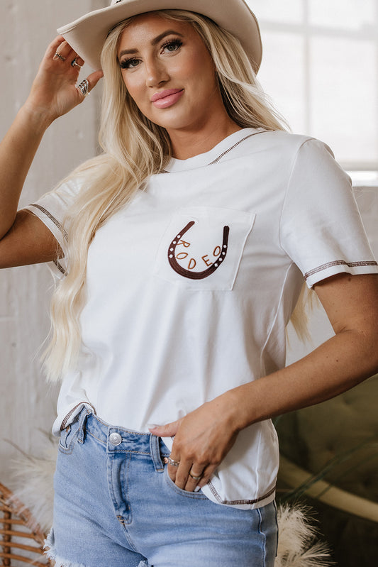 White Rodeo Horseshoe Embroidered Patch Pocket T Shirt-Tops/Tops & Tees-[Adult]-[Female]-2022 Online Blue Zone Planet
