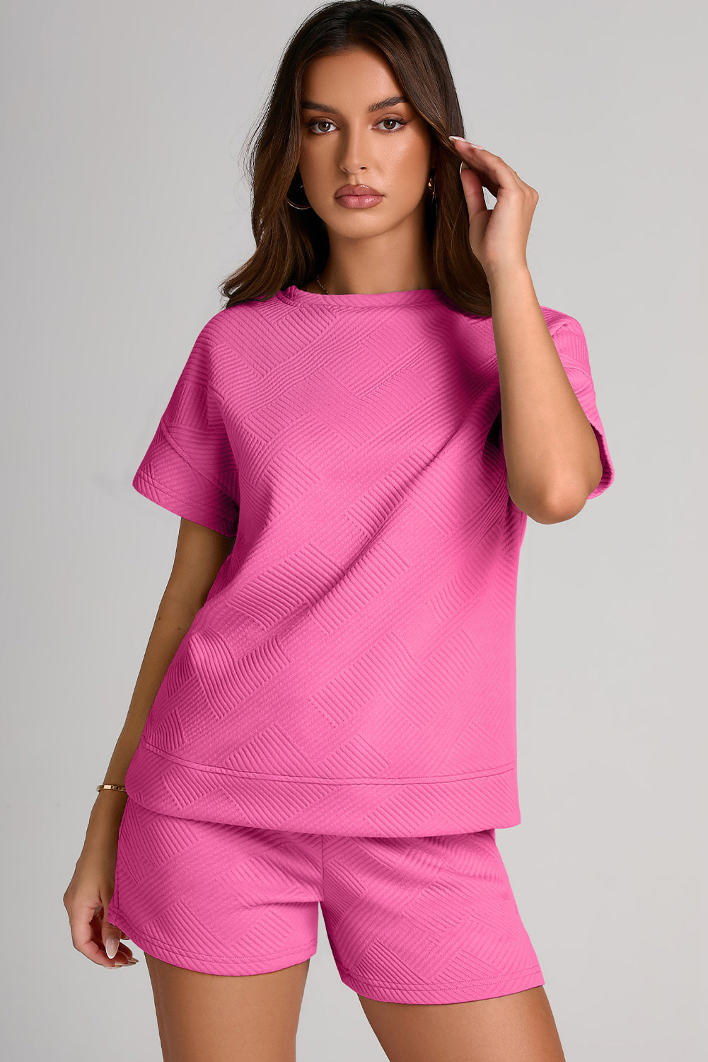 Blue Zone Planet | Textured Round Neck T-Shirt and Shorts Set-TOPS / DRESSES-[Adult]-[Female]-Fuchsia Pink-L-2022 Online Blue Zone Planet