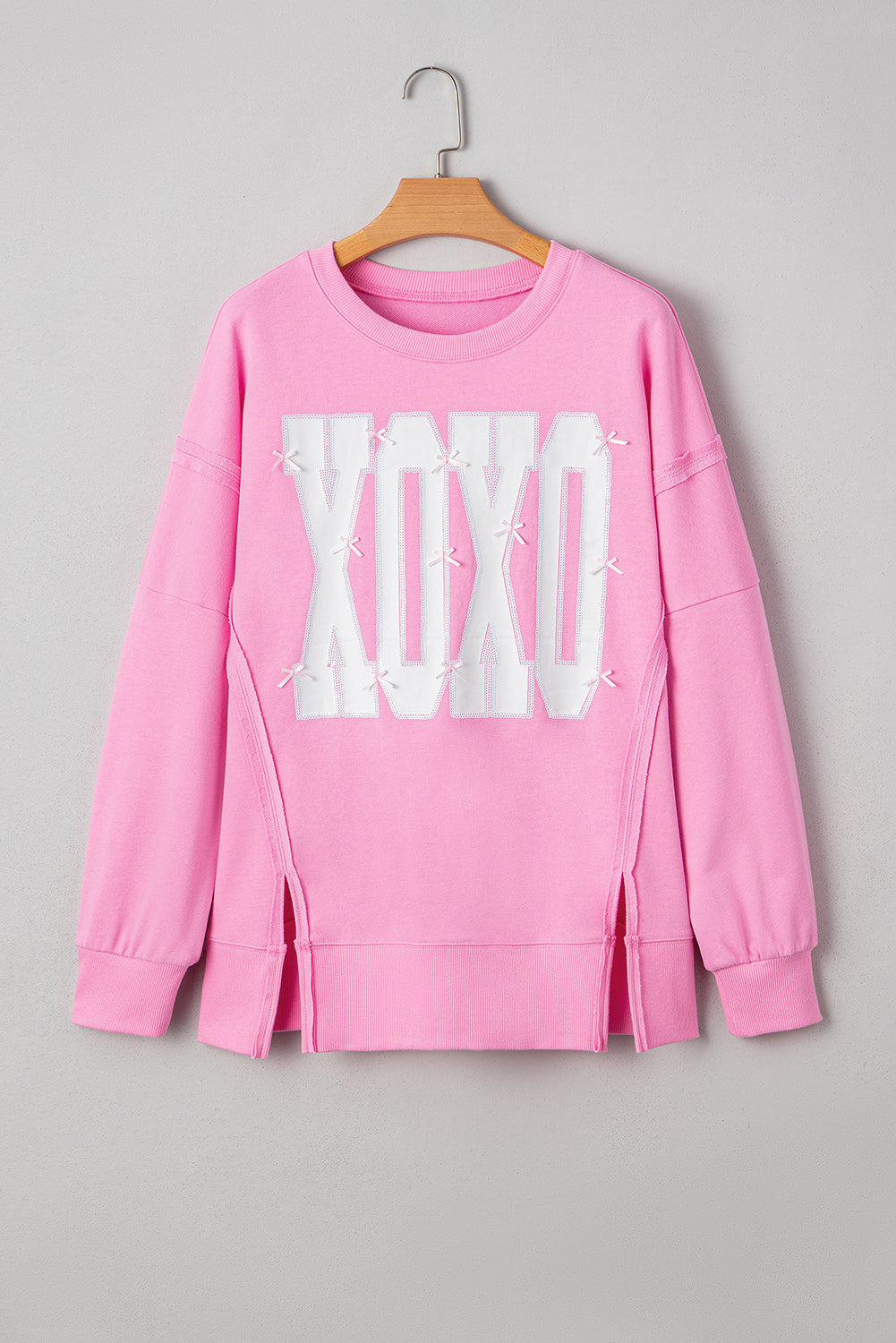 Pink Bow Sequin XOXO Letter Graphic Exposed Seam Baggy Sweatshirt-Tops/Sweatshirts & Hoodies-[Adult]-[Female]-2022 Online Blue Zone Planet