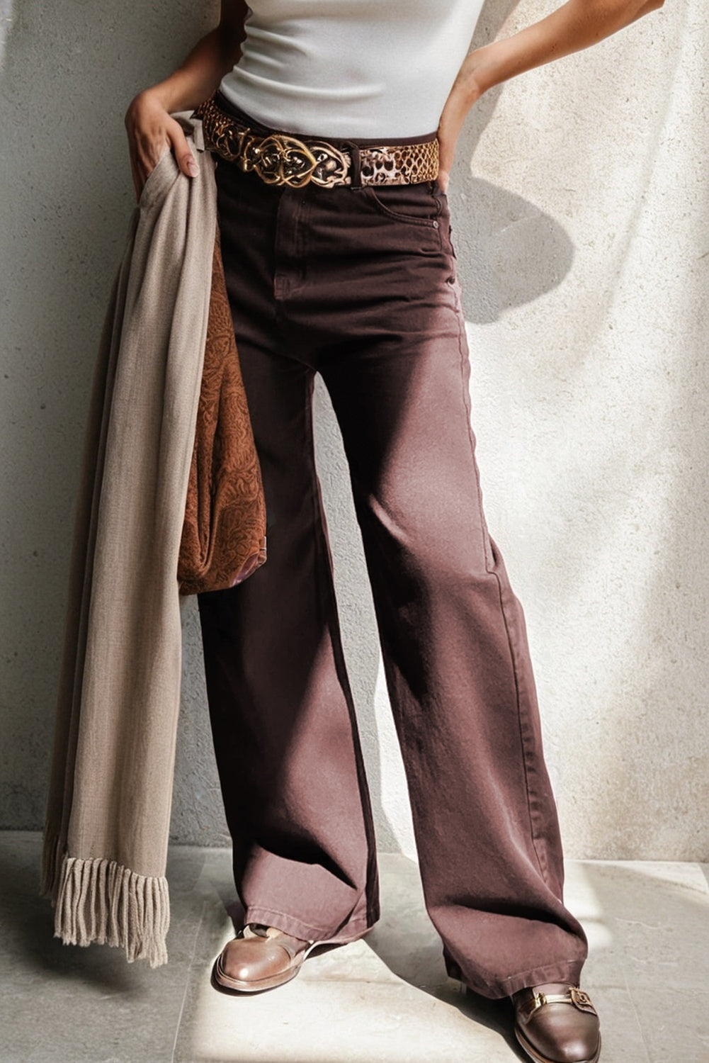 Coffee Loose Straight High Waist Solid Color Jeans-Bottoms/Jeans-[Adult]-[Female]-2022 Online Blue Zone Planet