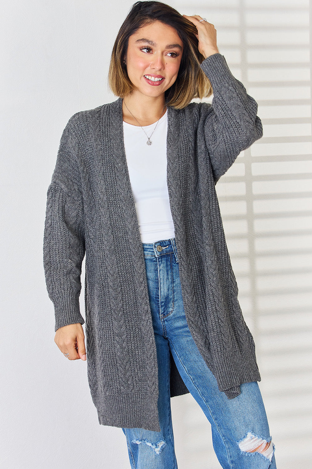 Cable-Knit Open Front Dropped Shoulder Cardigan-TOPS / DRESSES-[Adult]-[Female]-2022 Online Blue Zone Planet