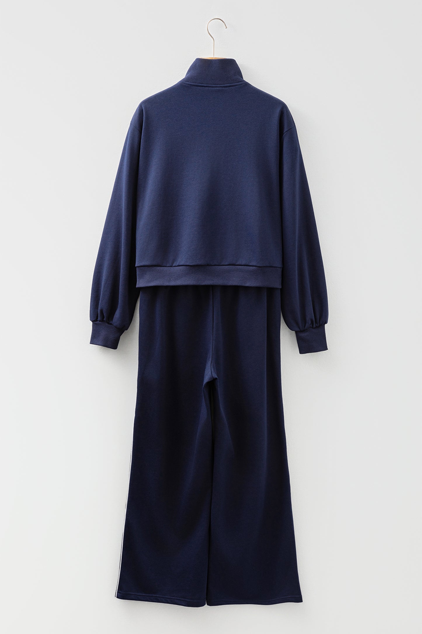 Navy Blue Contrast Piping Zipped Pullover Cropped Pants Set-Two Piece Sets/Pant Sets-[Adult]-[Female]-2022 Online Blue Zone Planet