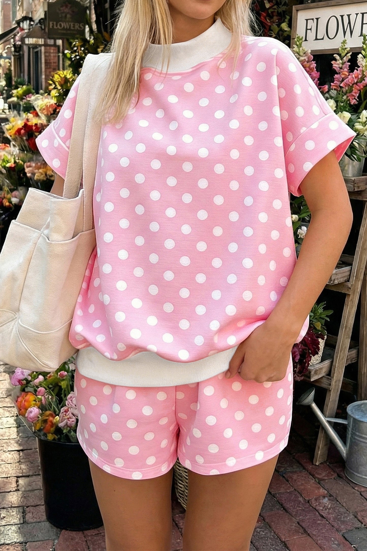 Sky Blue Polka Dot Print Color Block Trim Mock Neck Short Set-Two Piece Sets/Short Sets-[Adult]-[Female]-Pink-S-2022 Online Blue Zone Planet