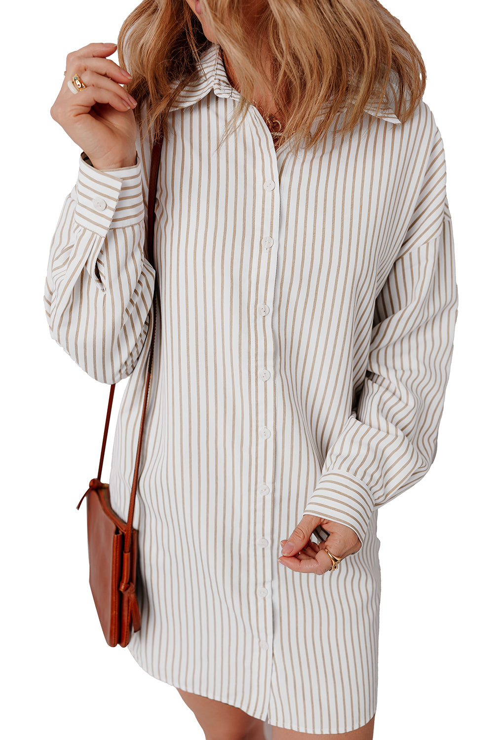 Blue Zone Planet | Khaki Stripe Long Sleeve Button Up Mini Shirt Dress-TOPS / DRESSES-[Adult]-[Female]-2022 Online Blue Zone Planet