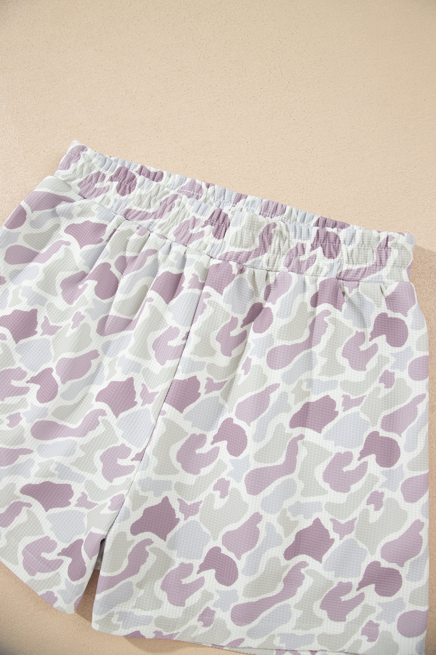 Green Camouflage Waffle Knit Long Sleeve Top Casual Shorts Set-Two Piece Sets/Short Sets-[Adult]-[Female]-2022 Online Blue Zone Planet
