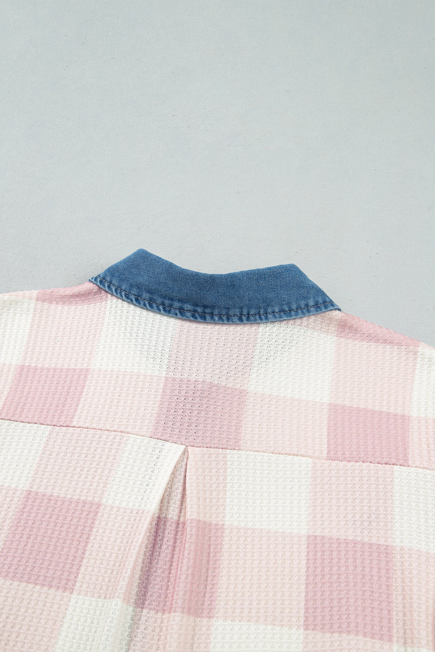 Pink Waffle Plaid Print Contrast Denim Shirt Collar Buttoned T Shirt Mini Dress-TOPS / DRESSES-[Adult]-[Female]-2022 Online Blue Zone Planet