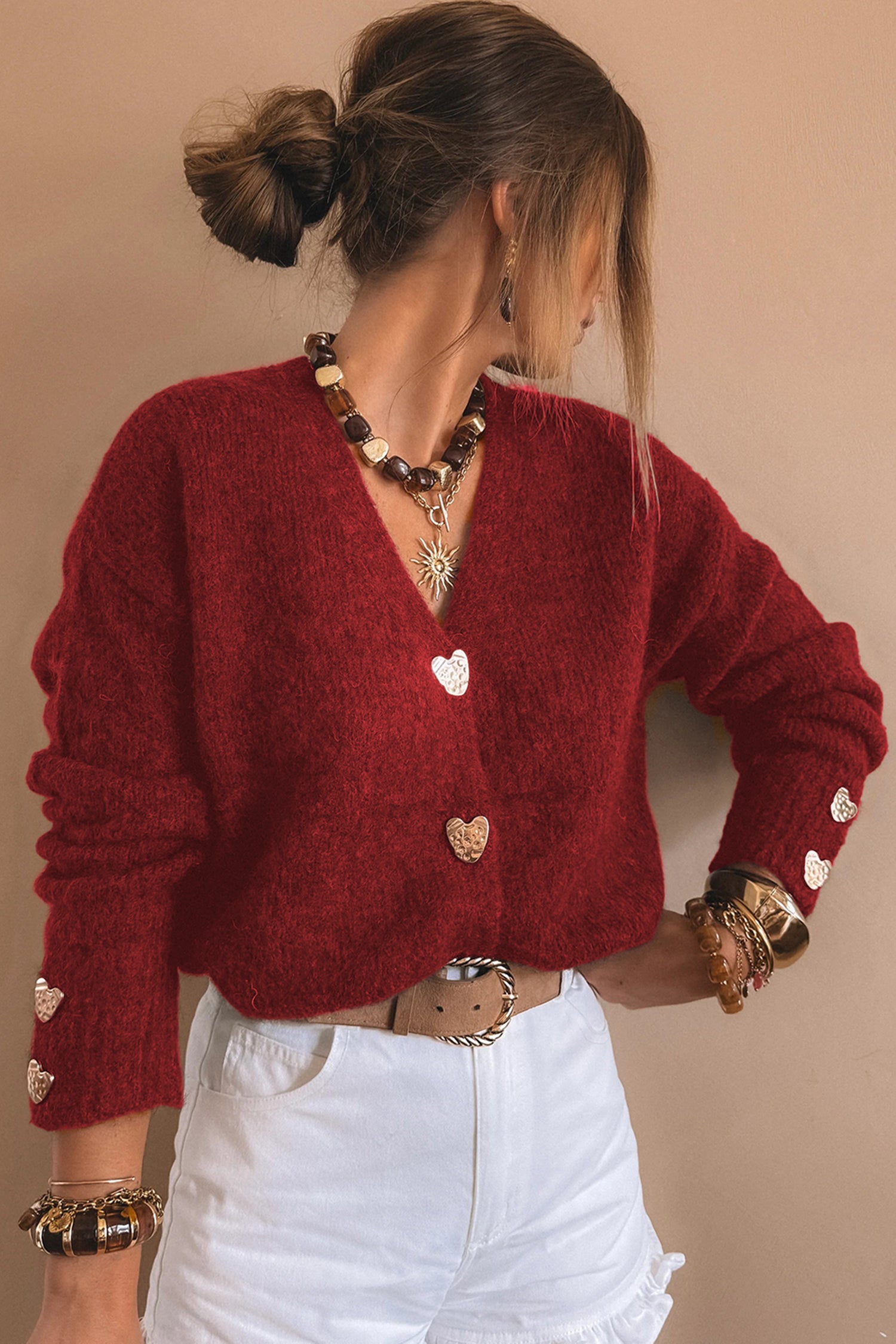 Fiery Red Heart Metal Button V Neck Cardigan Sweater-TOPS / DRESSES-[Adult]-[Female]-2022 Online Blue Zone Planet