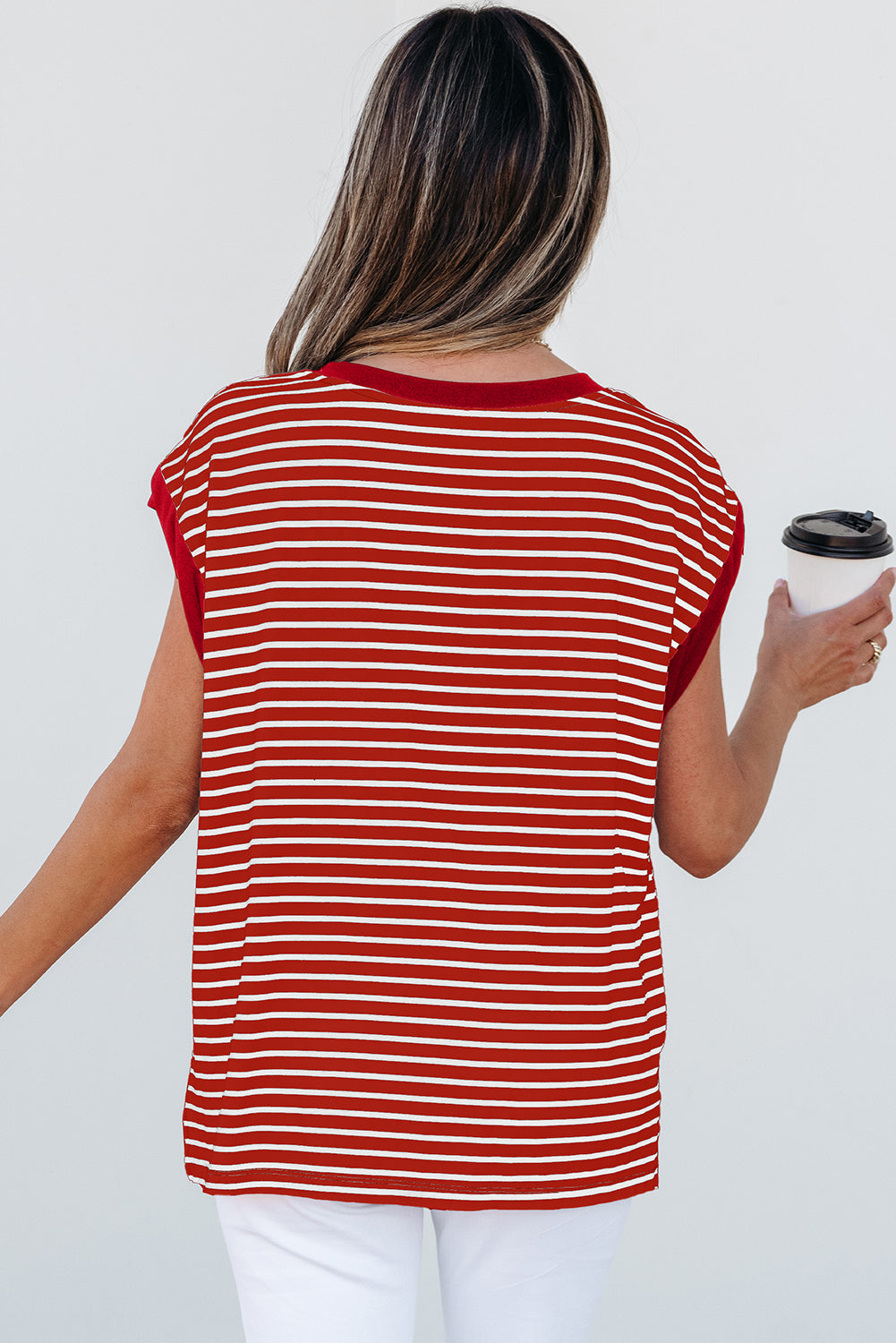 Red Stripe Chest Pocket Patch Round Neck Tank Top-Tops/Tank Tops-[Adult]-[Female]-2022 Online Blue Zone Planet