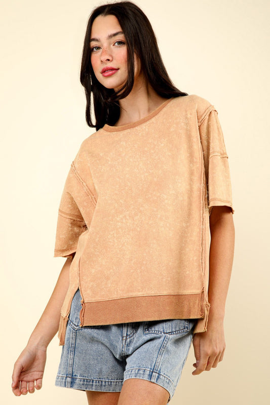 VERY J Round Neck Exposed Seam Slit T-Shirt-TOPS / DRESSES-[Adult]-[Female]-Mocha-S-2022 Online Blue Zone Planet