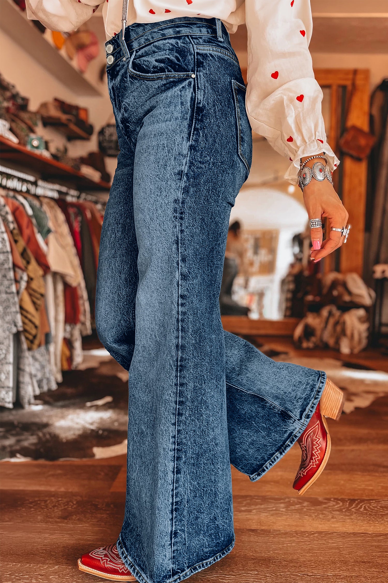 Sail Blue Acid Wash Pocket Detail Flare Jeans-Bottoms/Jeans-[Adult]-[Female]-2022 Online Blue Zone Planet