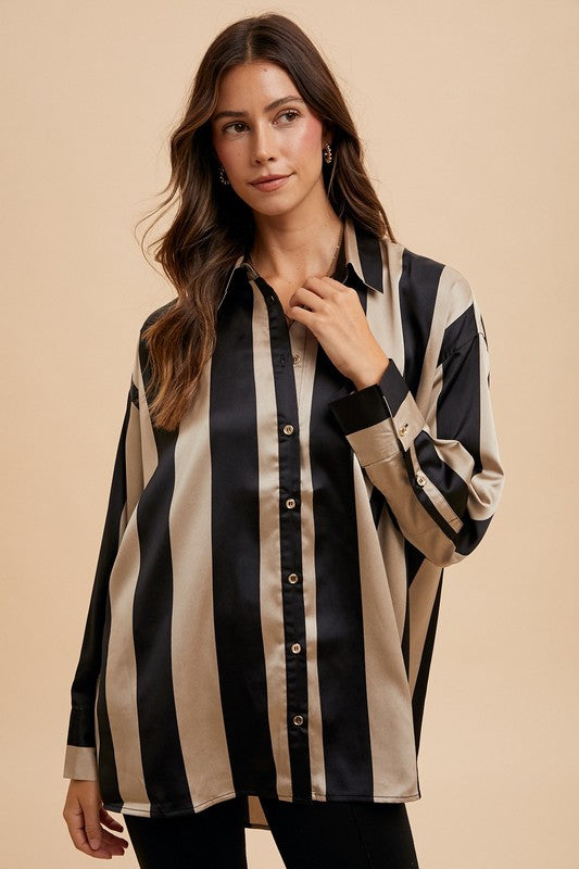 Blue Zone Planet | Annie Wear Striped Dropped Shoulder Button Up Shirt-TOPS / DRESSES-[Adult]-[Female]-Black/Khaki-S-2022 Online Blue Zone Planet