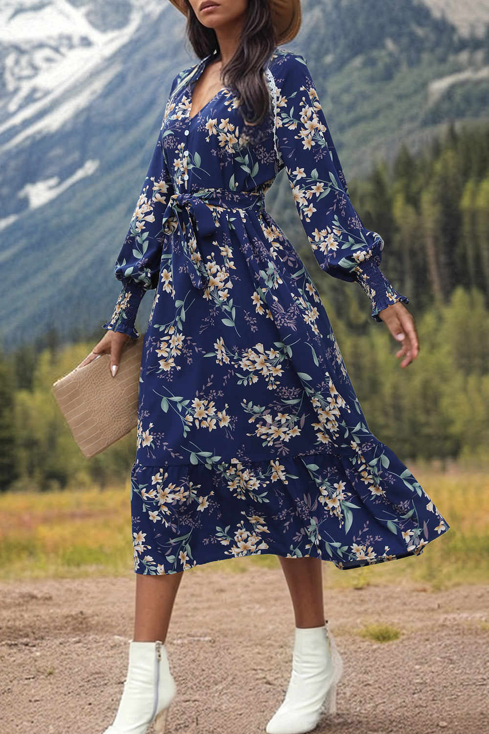 Printed Notched Lantern Sleeve Midi Dress-TOPS / DRESSES-[Adult]-[Female]-2022 Online Blue Zone Planet