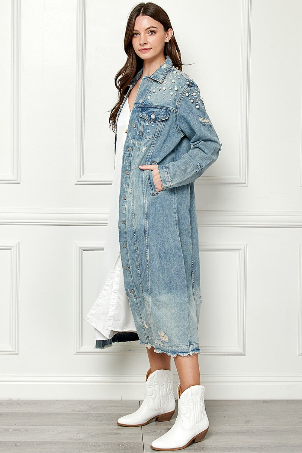 Blue Zone Planet | Veveret Full Size Distressed Raw Hem Pearl Detail Button Up Jacket-TOPS / DRESSES-[Adult]-[Female]-2022 Online Blue Zone Planet