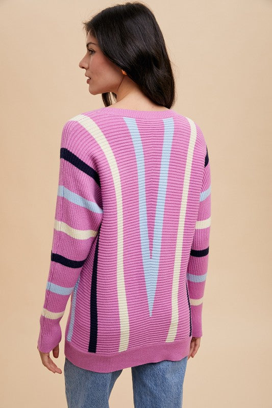 Annie Wear Chevron Stripe Round Neck Ribbed Sweater-TOPS / DRESSES-[Adult]-[Female]-2022 Online Blue Zone Planet