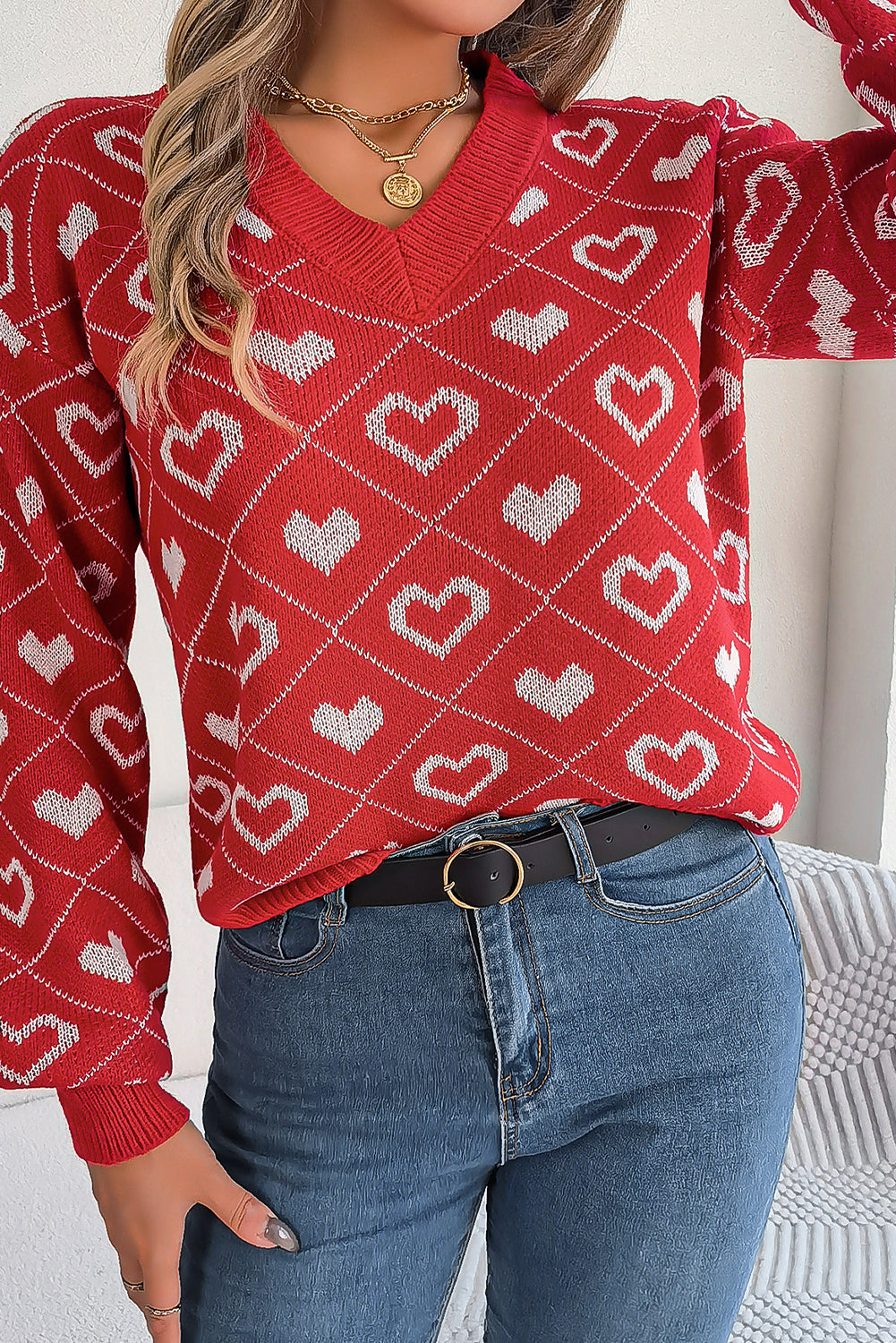 Racing Red Heart Print Lantern Sleeve Sweater-Sweaters-[Adult]-[Female]-Racing Red-S-2022 Online Blue Zone Planet