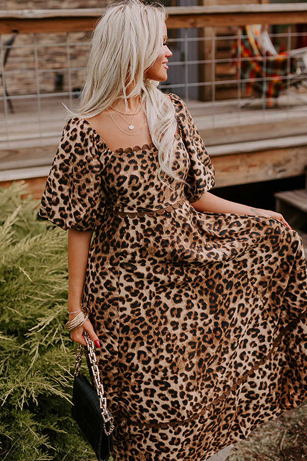 Brown Leopard Print Puff Sleeve Ricrac Maxi Dress-Maxi Dresses-[Adult]-[Female]-2022 Online Blue Zone Planet