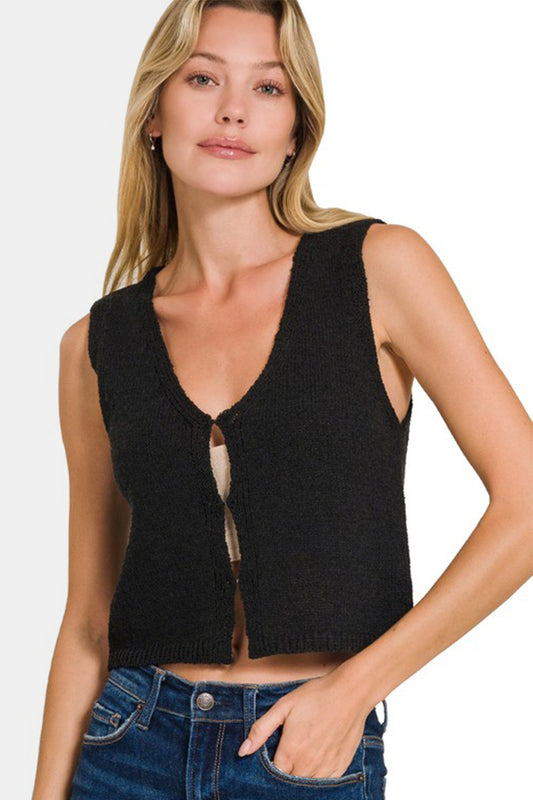 Zenana Hook and Eye Closure V-Neck Sweater Vest-TOPS / DRESSES-[Adult]-[Female]-Black-S-2022 Online Blue Zone Planet