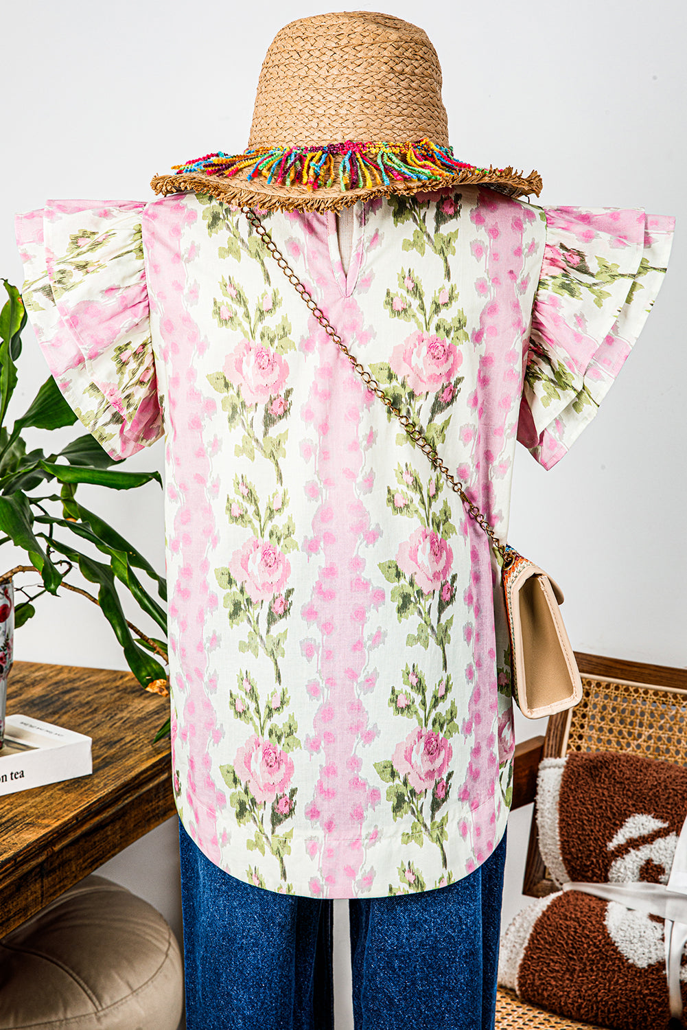 Pink Floral Print Ruffled Sleeve Summer Top-Tops/Blouses & Shirts-[Adult]-[Female]-2022 Online Blue Zone Planet