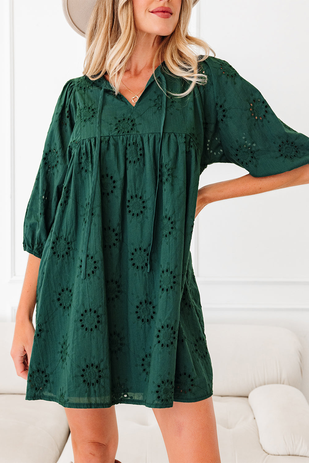 Blackish Green Embroidered Eyelet Pattern 3/4 Puffy Sleeve Swing Mini Dress-Dresses/Mini Dresses-[Adult]-[Female]-2022 Online Blue Zone Planet