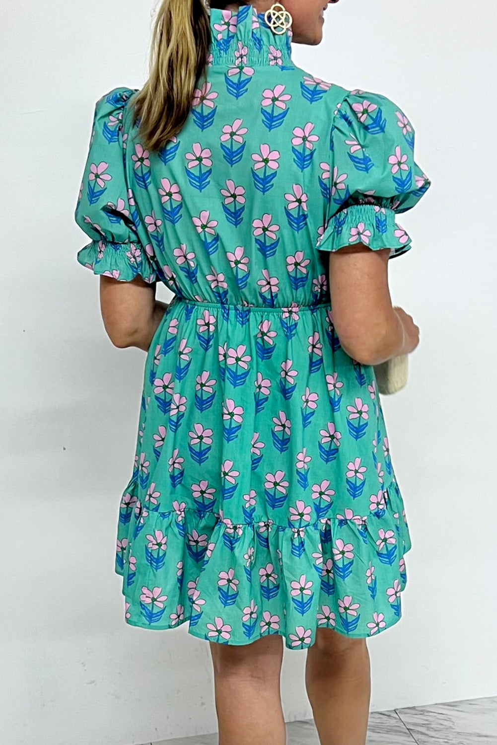 Green Floral Print Frilly Smocked Detail High Waist Mini Dress-TOPS / DRESSES-[Adult]-[Female]-2022 Online Blue Zone Planet