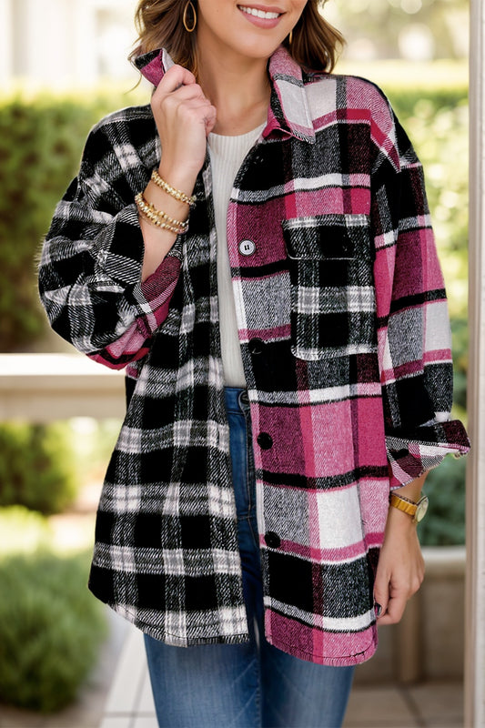 Pocketed Plaid Collared Neck Long Sleeve Shacket-TOPS / DRESSES-[Adult]-[Female]-Plaid-S-2022 Online Blue Zone Planet