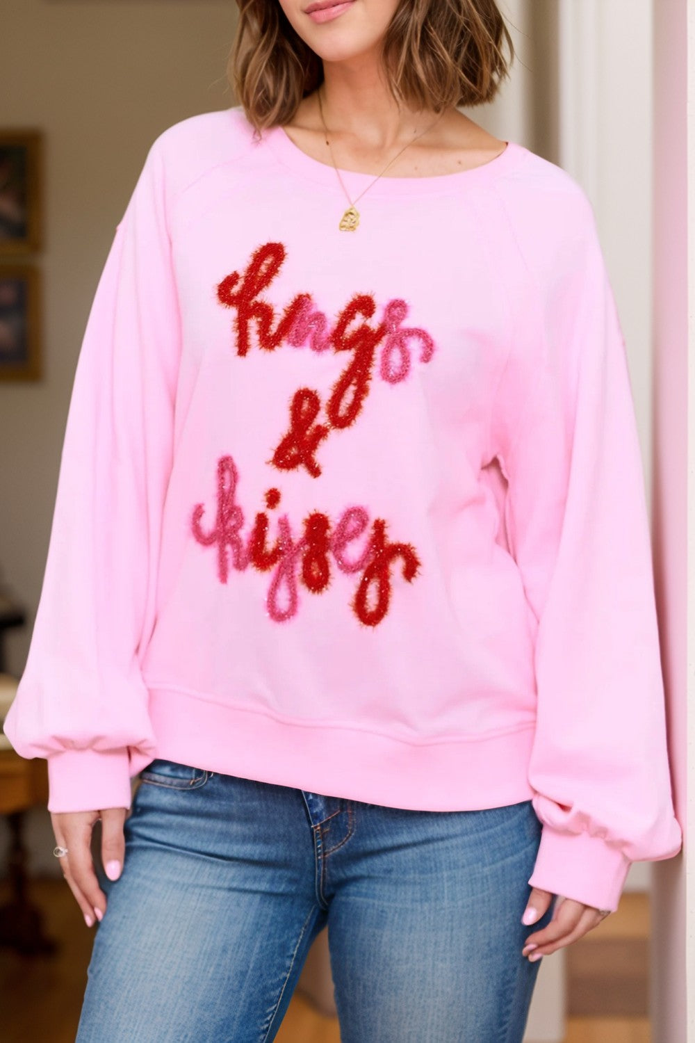 Contrast Letter Round Neck Long Sleeve Sweatshirt-TOPS / DRESSES-[Adult]-[Female]-Pink-S-2022 Online Blue Zone Planet