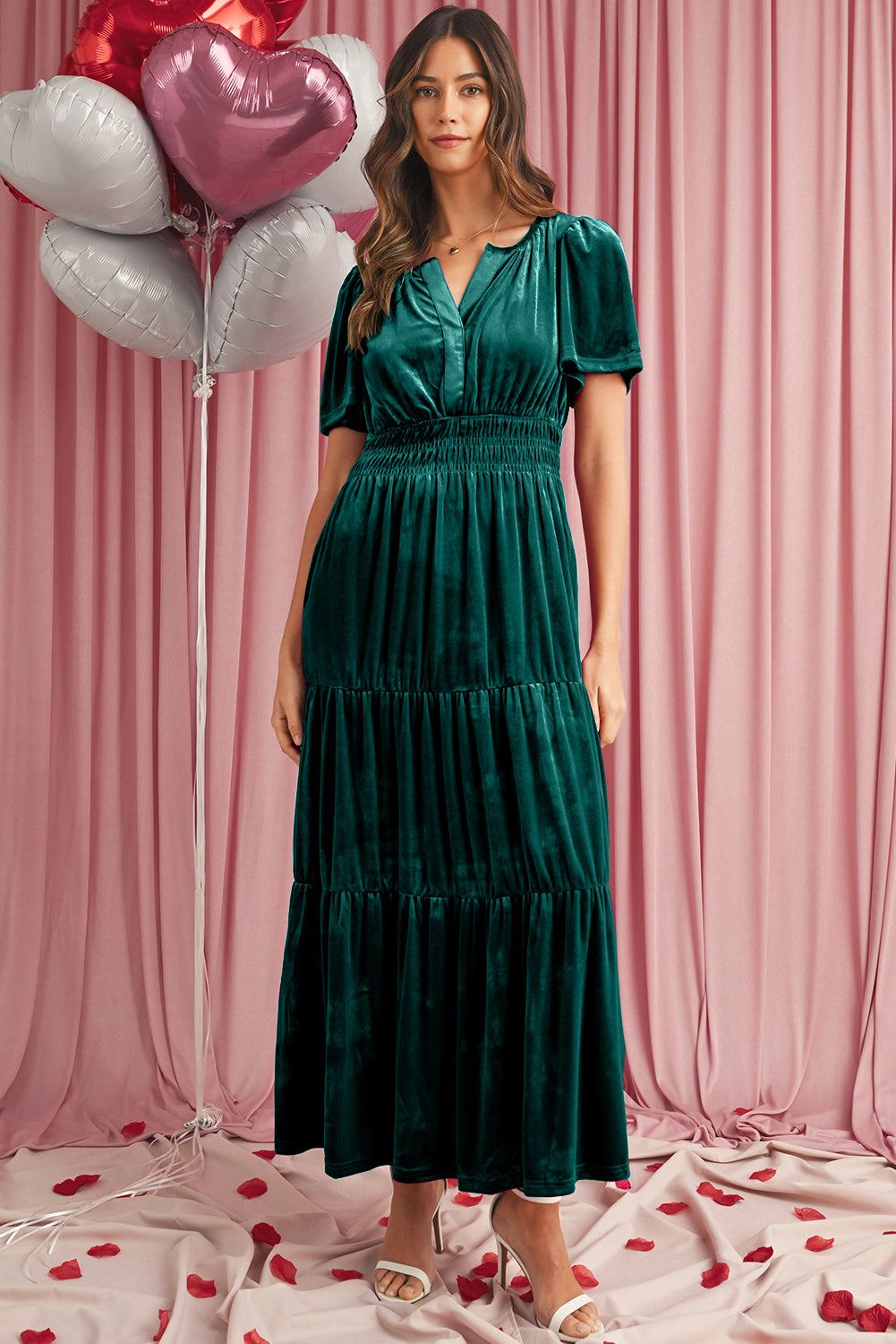 Prussian Blue Velvet Short Sleeve Shirred Waist Tiered Maxi Dress-Maxi Dresses-[Adult]-[Female]-Evergreen-S-2022 Online Blue Zone Planet