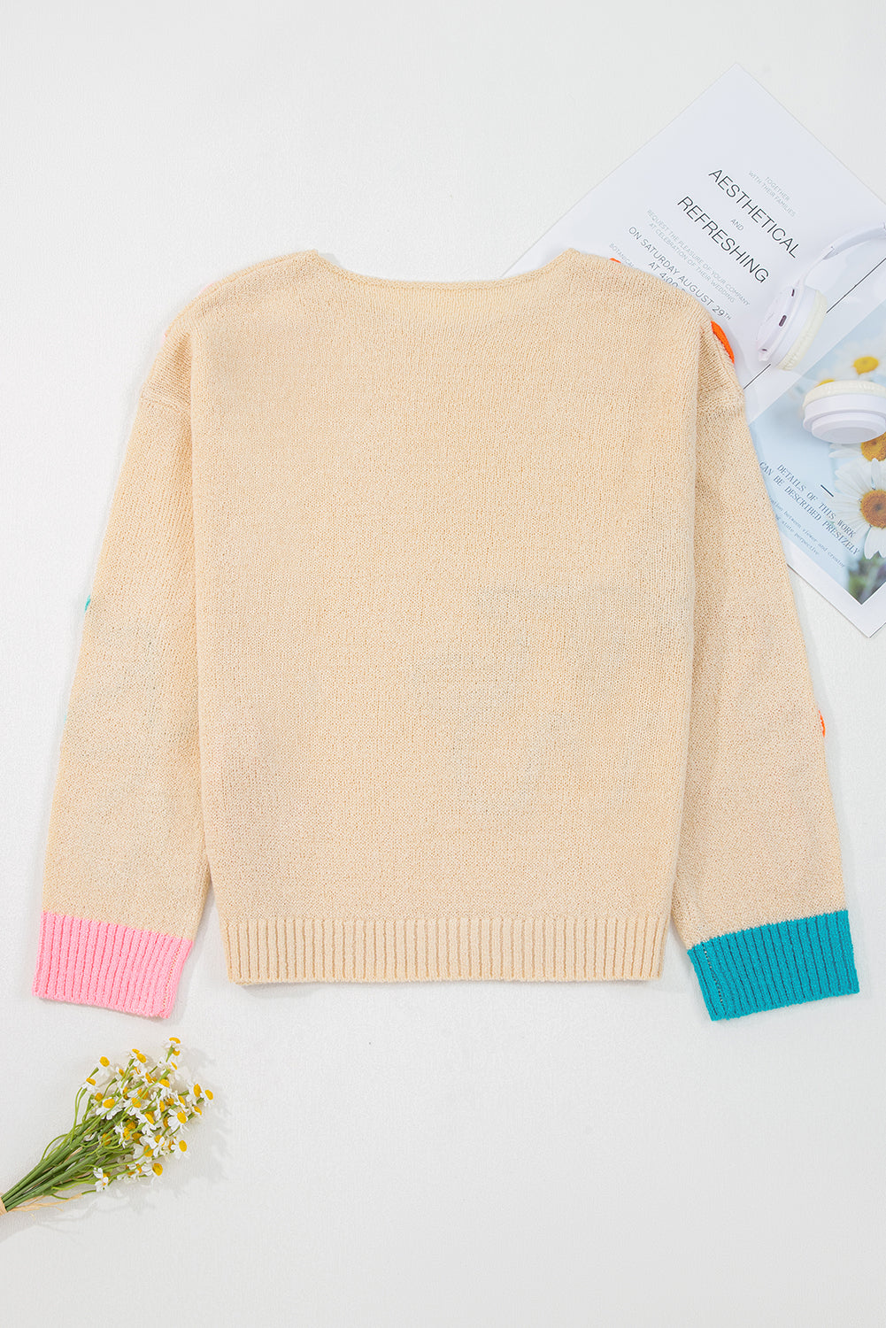 Jet Stream Contrast Flower Detail Colorblock Cuffed Loose Sweater-Sweaters & Cardigans/Sweaters-[Adult]-[Female]-2022 Online Blue Zone Planet