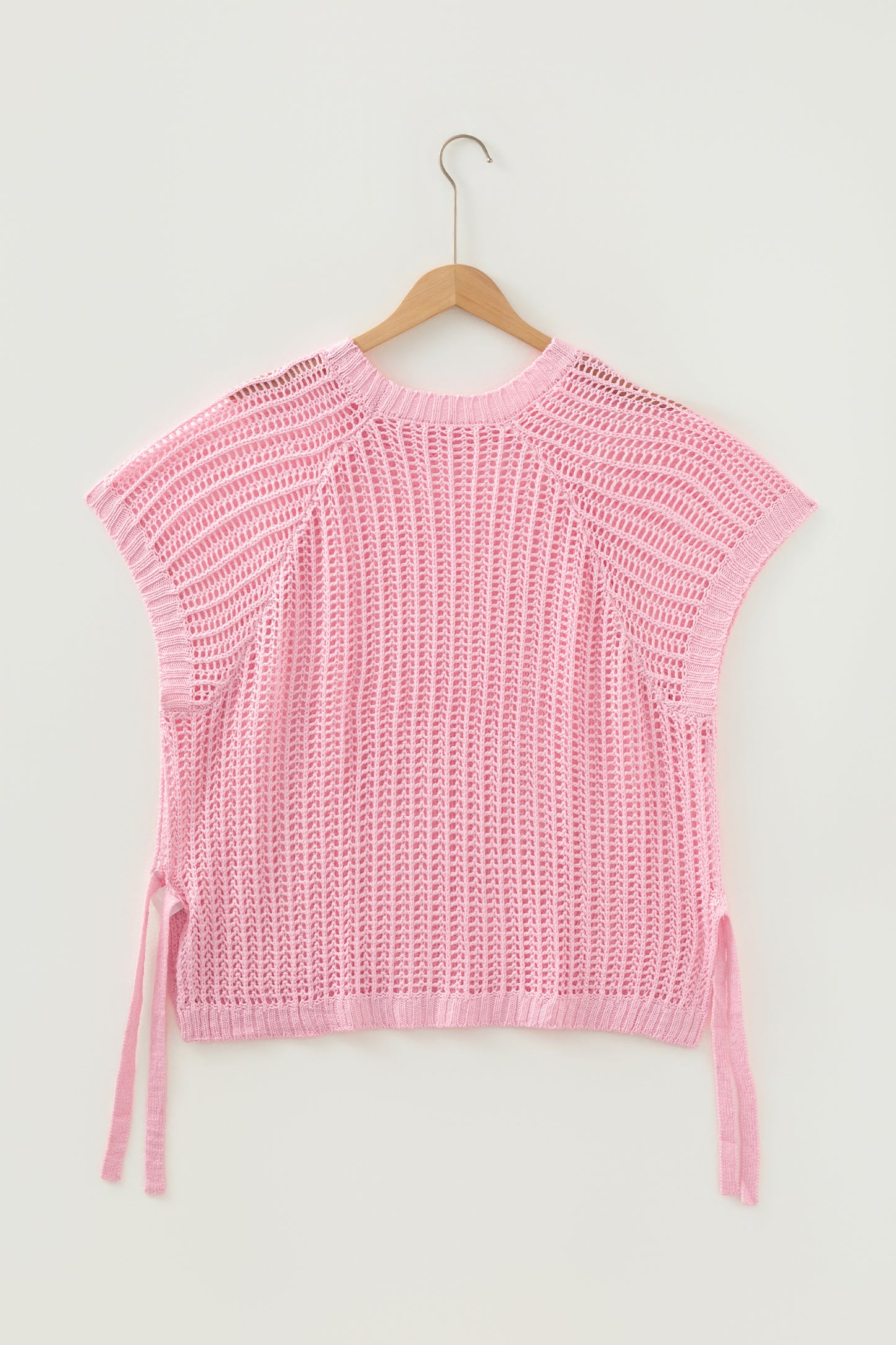 Pink Plus Size Open Knit Bow Tie Short Sleeve Sweater-TOPS / DRESSES-[Adult]-[Female]-2022 Online Blue Zone Planet