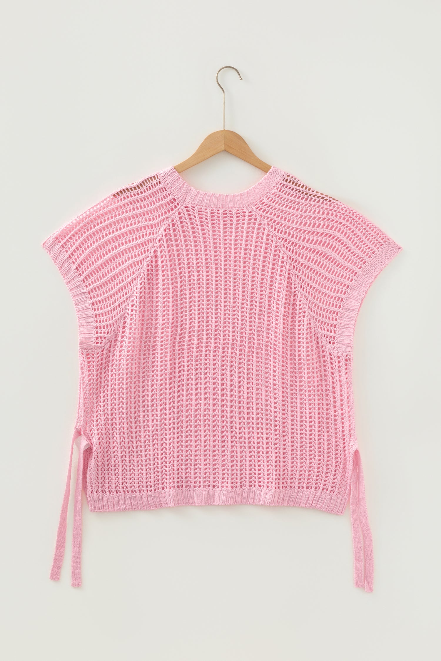 Pink Plus Size Open Knit Bow Tie Short Sleeve Sweater-TOPS / DRESSES-[Adult]-[Female]-2022 Online Blue Zone Planet