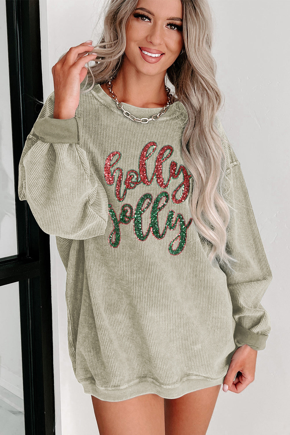 Green Sequined holly jolly Graphic Corded Sweatshirt-Graphic/Graphic Sweatshirts-[Adult]-[Female]-2022 Online Blue Zone Planet