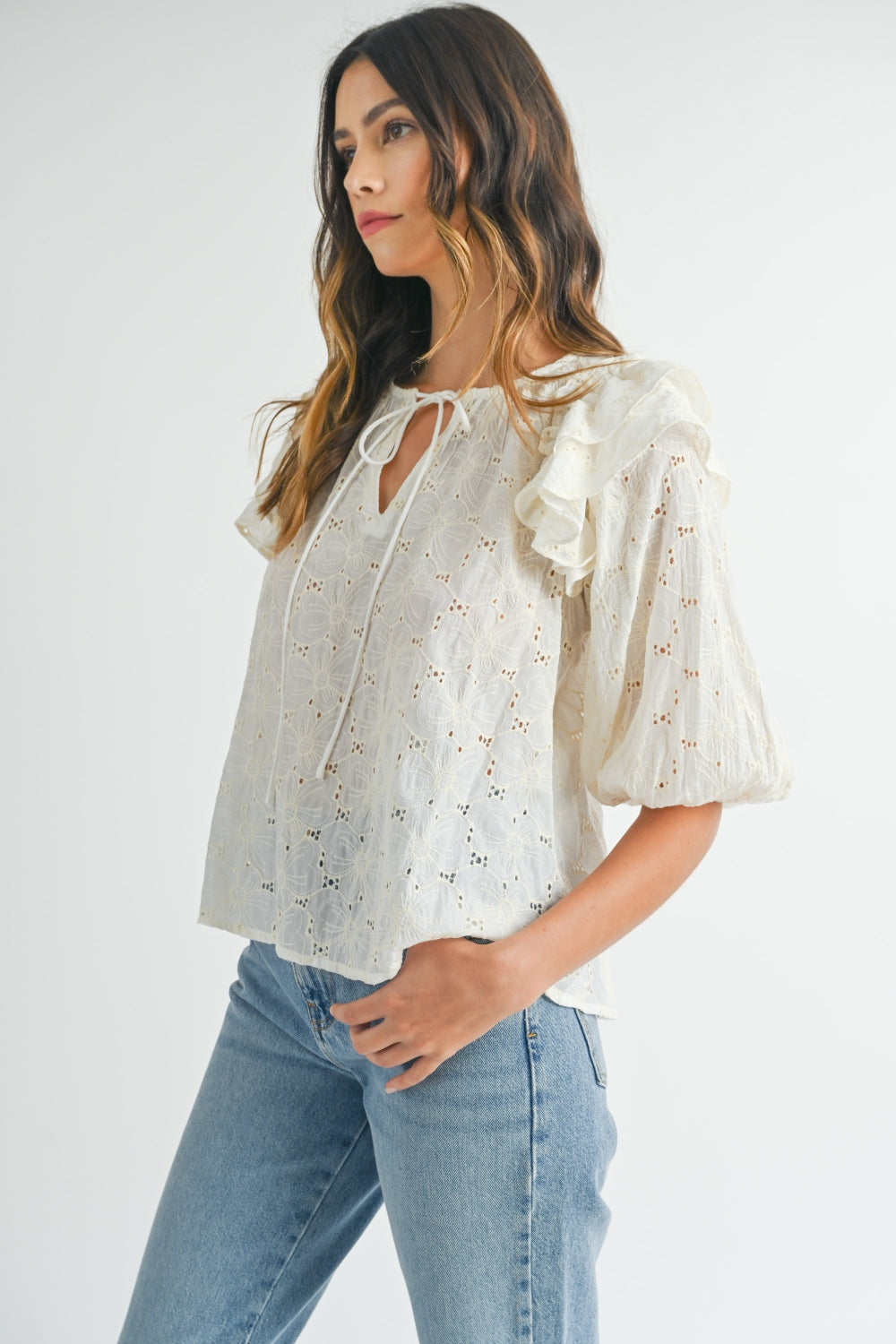 Blue Zone Planet | MABLE Eyelet Lace Ruffle Shoulder Puff Sleeve Blouse-TOPS / DRESSES-[Adult]-[Female]-2022 Online Blue Zone Planet