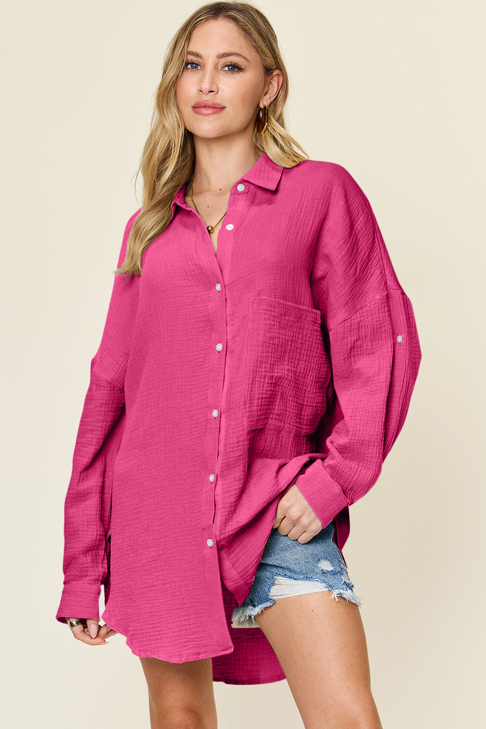 Double Take Full Size Pocketed Texture Button Up Shirt-TOPS / DRESSES-[Adult]-[Female]-Hot Pink-S-2022 Online Blue Zone Planet