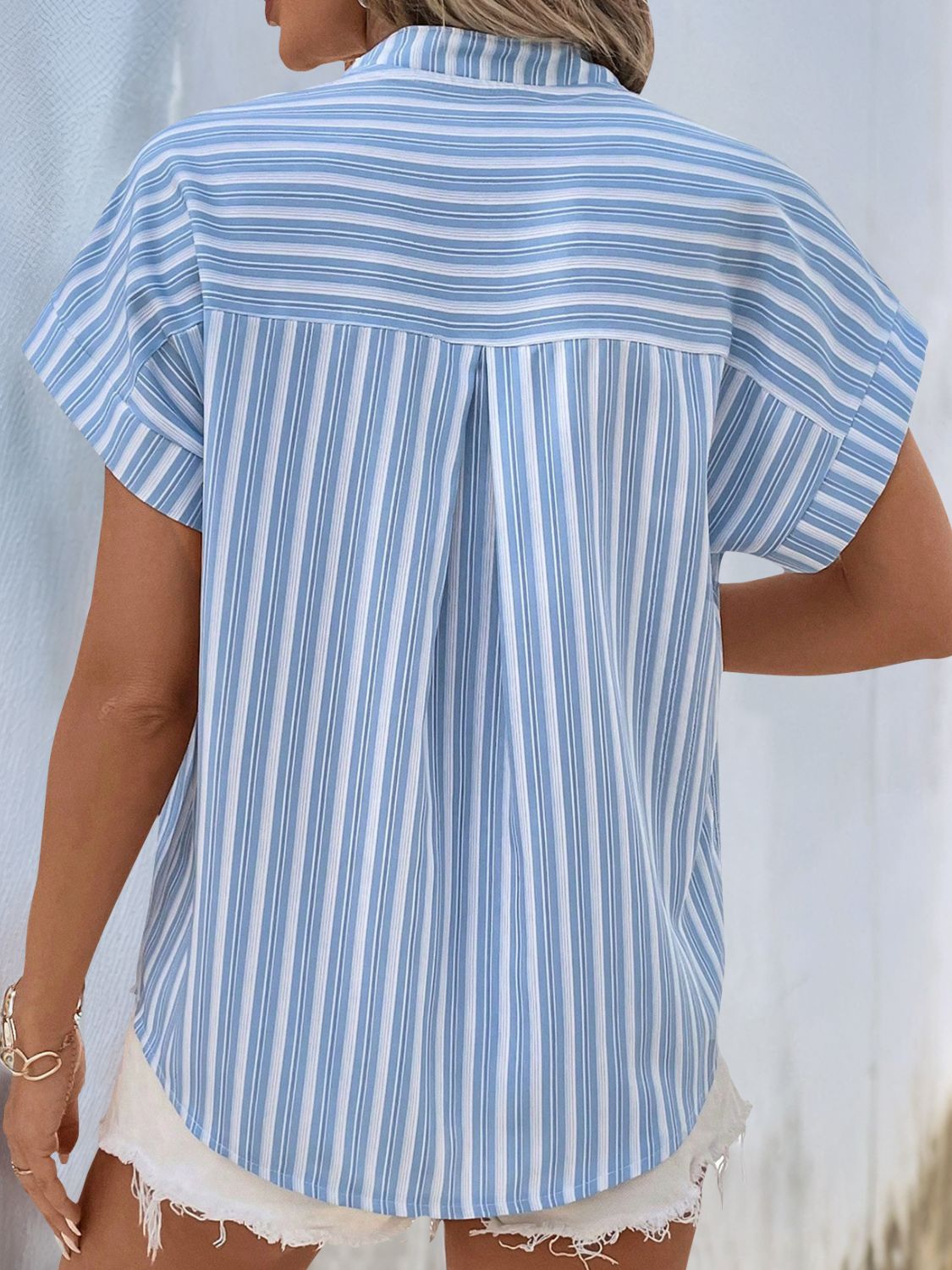 Perfee Half Button Striped Short Sleeve Blouse-TOPS / DRESSES-[Adult]-[Female]-2022 Online Blue Zone Planet