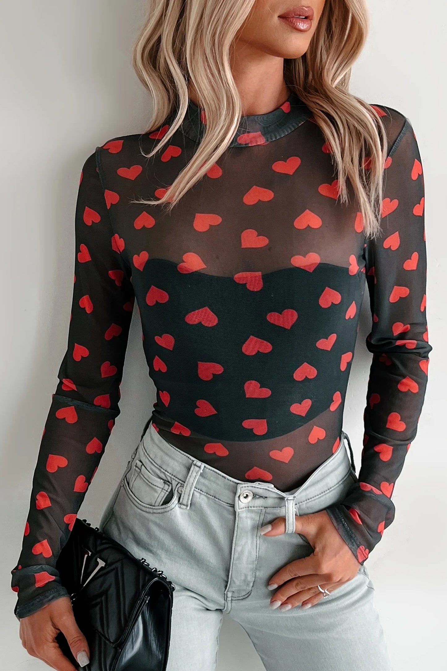 Black Valentines Heart Printed Sheer Mesh Long Sleeve Top-Tops/Long Sleeve Tops-[Adult]-[Female]-Black-S-2022 Online Blue Zone Planet