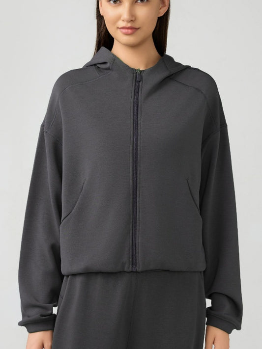 Zip Up Dropped Shouder Active Hooded-TOPS / DRESSES-[Adult]-[Female]-Dark Gray-4-2022 Online Blue Zone Planet