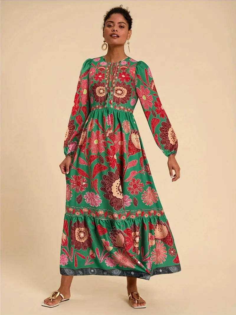 Floral Tie Waist Long Sleeve Maxi Dress - Blue Zone Planet-50% Off-[Adult]-[Female]-Color 5-L-2022 Online Blue Zone Planet