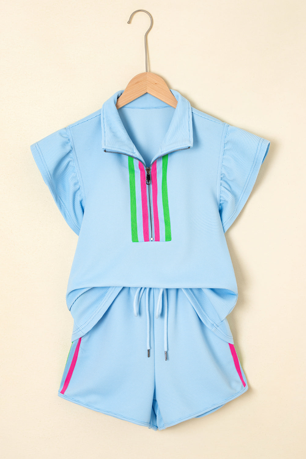 Beau Blue Striped Detail Flutter Sleeve Zipped Collar Short Set-Two Piece Sets/Short Sets-[Adult]-[Female]-2022 Online Blue Zone Planet