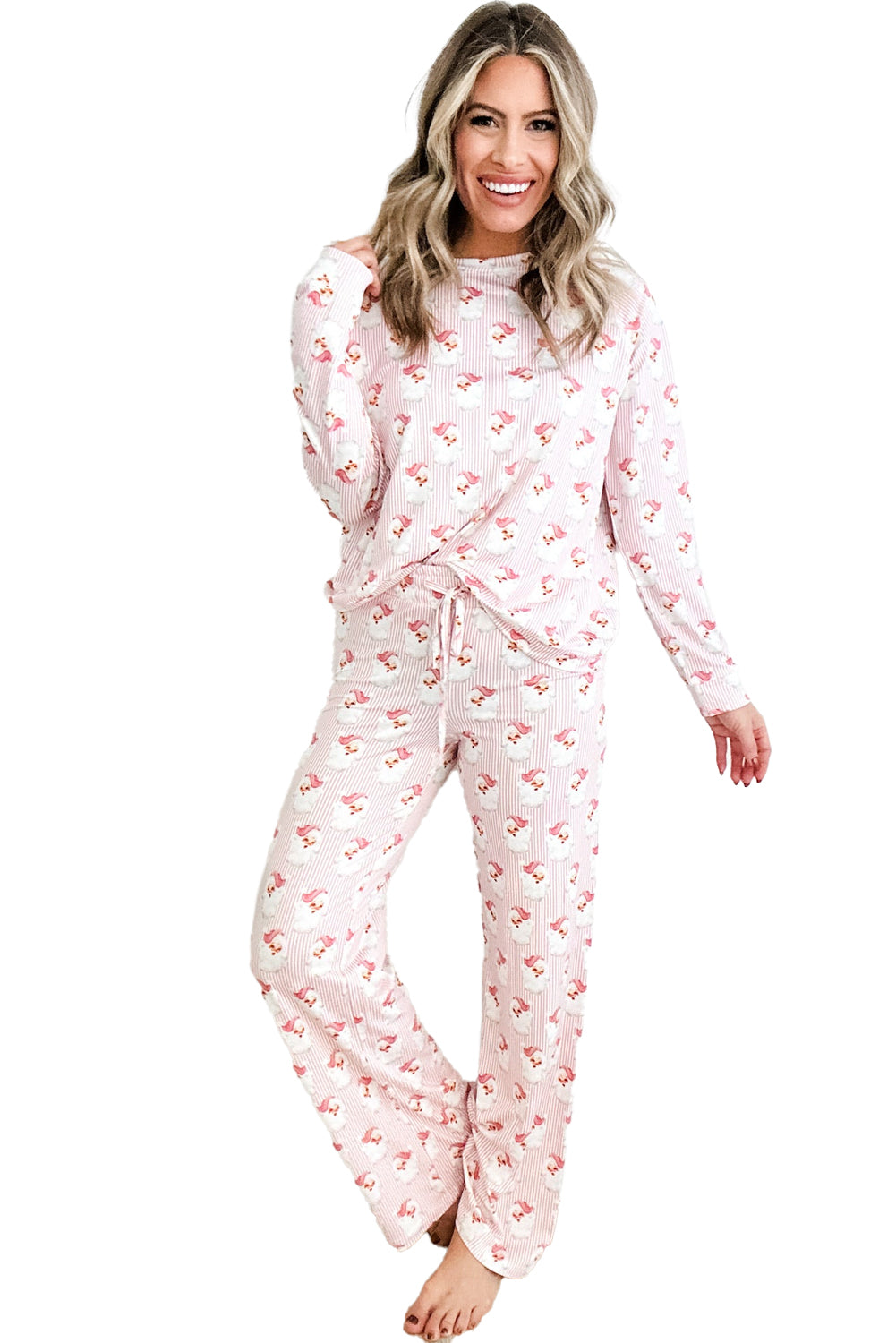 Pink Santa Claus Striped Print Loose Fit Two Piece Loungewear Set-Loungewear Set-[Adult]-[Female]-2022 Online Blue Zone Planet