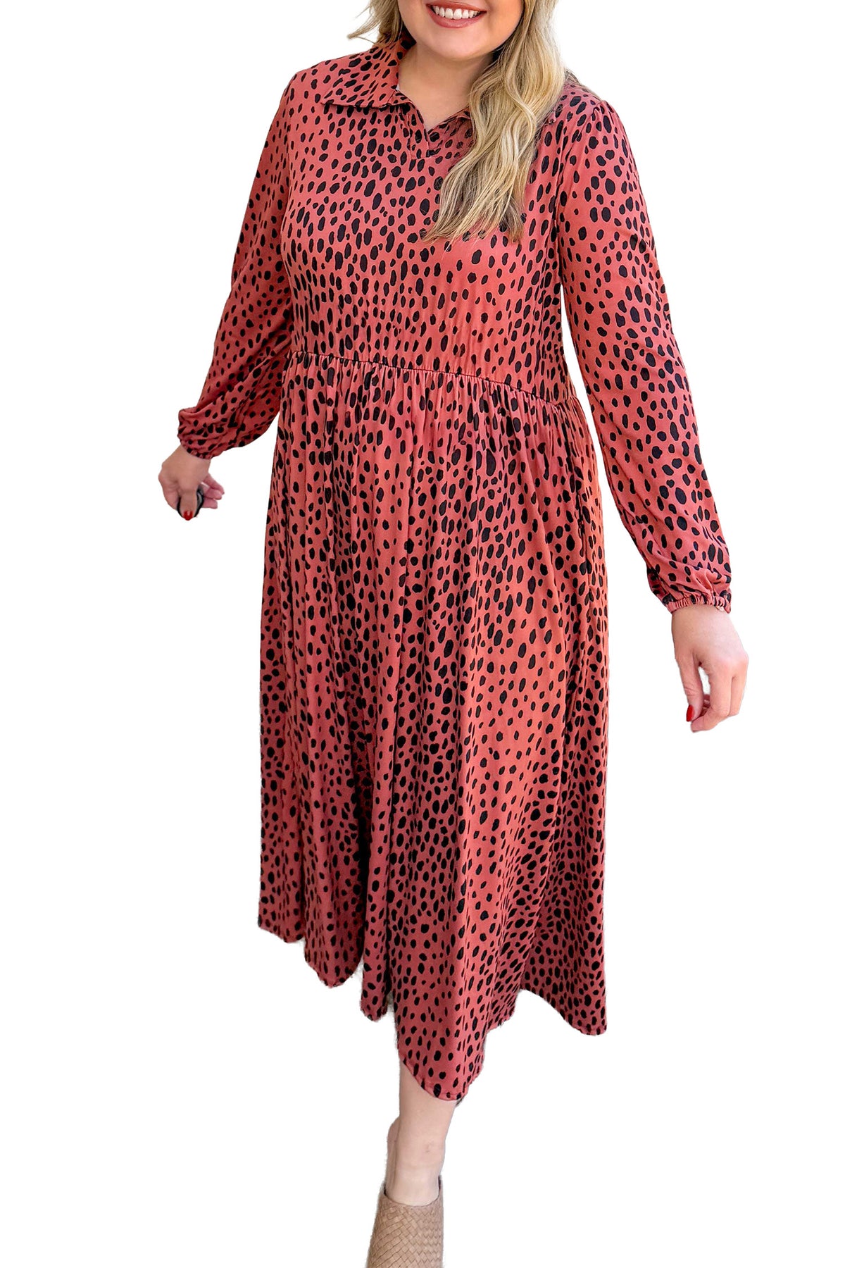 Red Leopard Print Long Sleeve V Neck Plus Size Midi Dress-TOPS / DRESSES-[Adult]-[Female]-2022 Online Blue Zone Planet