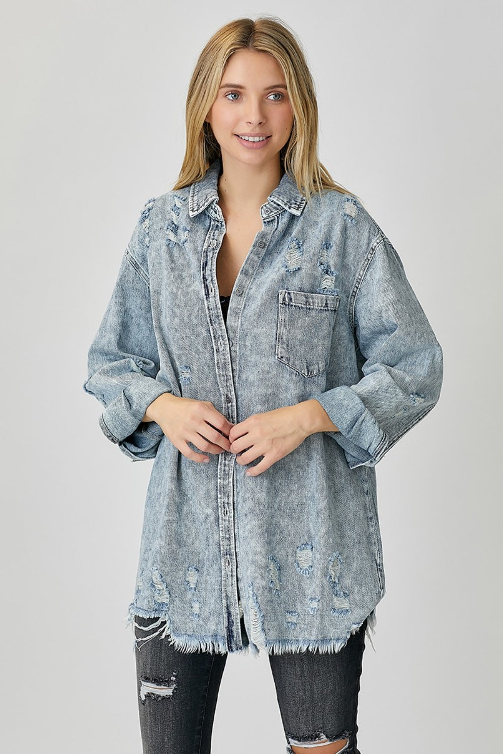 Blue Zone Planet | RISEN Distressed Raw Hem Denim Shirt-TOPS / DRESSES-[Adult]-[Female]-2022 Online Blue Zone Planet