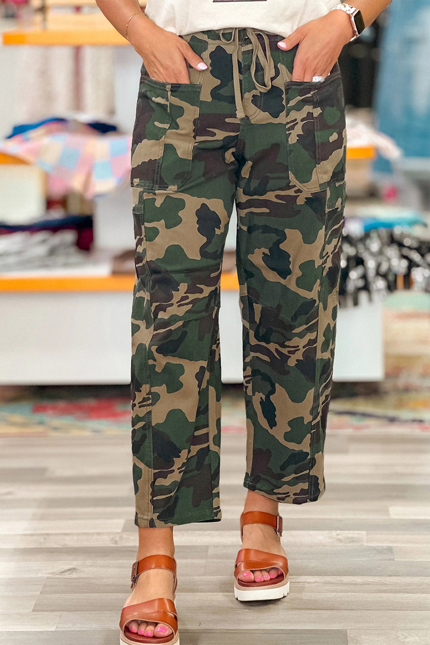 Green Camouflage Print Drawstring Patch Pocket Barrel Jeans-Bottoms/Jeans-[Adult]-[Female]-2022 Online Blue Zone Planet