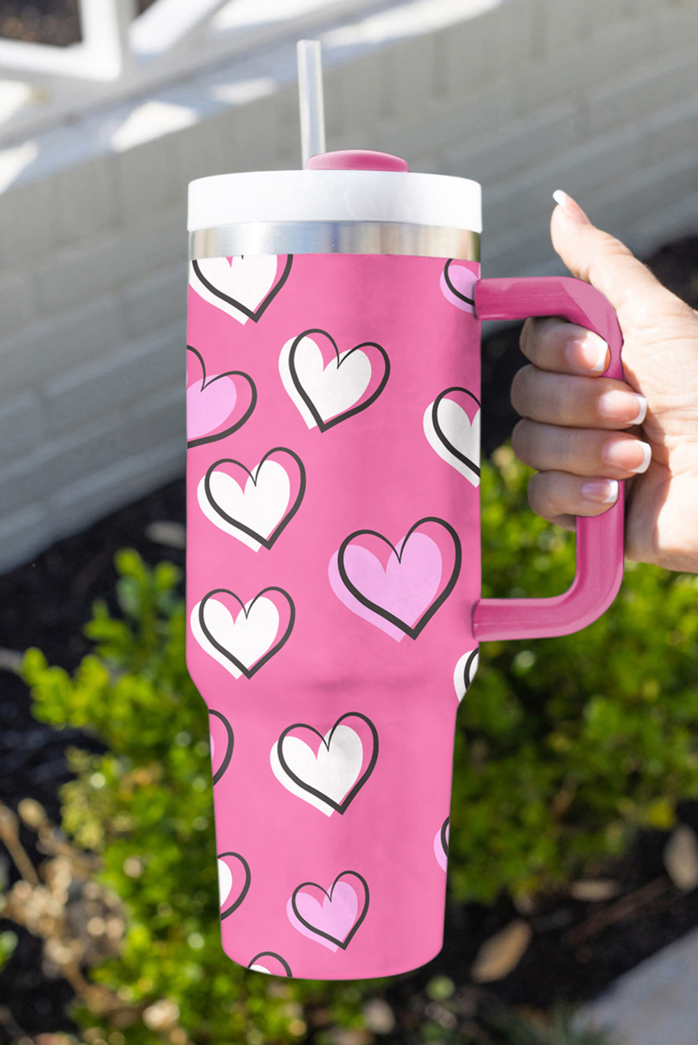 Rose Red Valentines Heart Printed Thermos Cup with Handle 40oz-Accessories/Tumblers-[Adult]-[Female]-2022 Online Blue Zone Planet