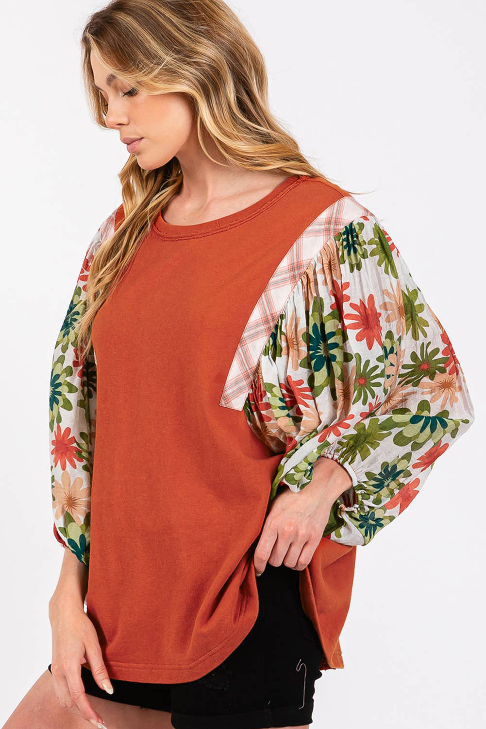 Desert Gold Floral Puff Sleeve Patchwork Round Neck Blouse-Tops/Blouses & Shirts-[Adult]-[Female]-2022 Online Blue Zone Planet