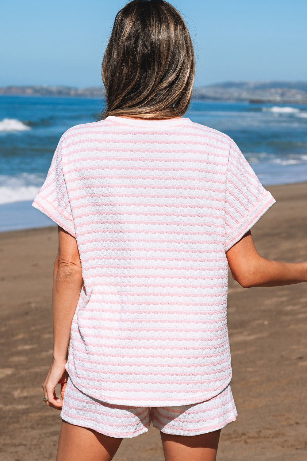Pink Stripe Knitted Short Sleeve Top and Drawstring Shorts Set-Two Piece Sets/Short Sets-[Adult]-[Female]-2022 Online Blue Zone Planet