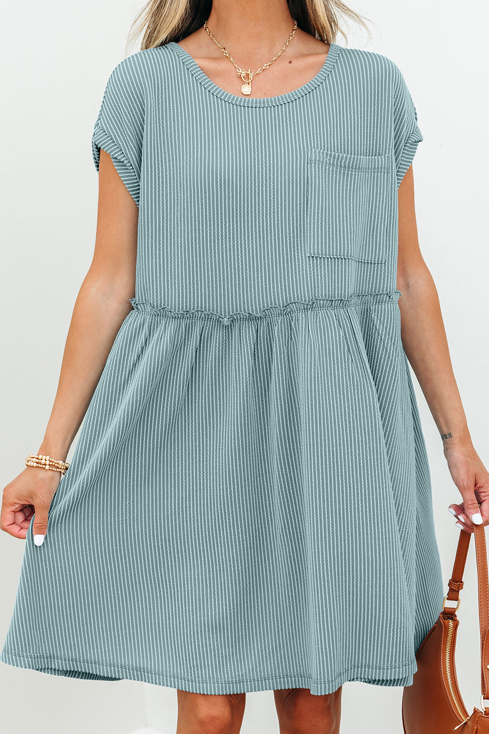 Canton Corded Knit Textured Patched Pocket Frilled Swing Mini Dress with Pockets-TOPS / DRESSES-[Adult]-[Female]-2022 Online Blue Zone Planet