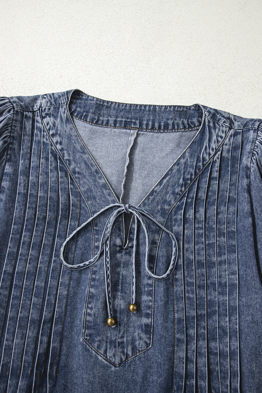 Sail Blue 3/4 Sleeve Tied V Neck Pleated Denim Mini Dress-TOPS / DRESSES-[Adult]-[Female]-2022 Online Blue Zone Planet